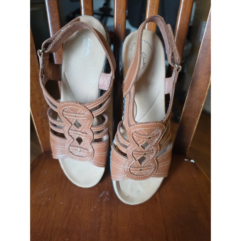 Clarks Brown Leather Strappy Buckle Flat Sandals Women's US 10 Stitched